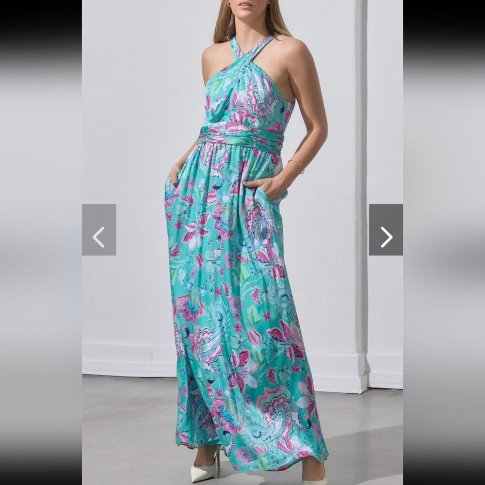 0827 R&M Richards Teal and Pink Cross Over Halter Cocktail Party Maxi